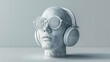 A minimalistic scene with sunglasses and headphones on a human head sculpture, conceived with a music concept in mind.
