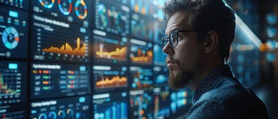 Fototapete - Using Business Analytics and Data Management System on a virtual screen, make a report with KPIs and metrics. Corporate strategy for finance, operations, sales, and marketing.