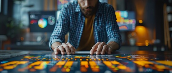 Fototapete - A corporate strategist working with finance, operations, sales, and marketing KPI and metrics on a virtual screen. Business analytics.