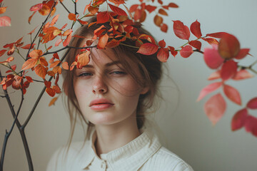 Wall Mural - Woman with autumn leaves headpiece. Artistic portrait with red foliage for design and print