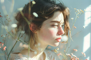 Wall Mural - Close-up of a young woman with sunlight and flowers. Natural beauty and tranquility concept for design and print