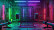 features a professional gym setup with a squat rack and barbell, highlighted by a captivating array of neon lights in blue, purple, and green, creating an energetic atmosphere for strength training