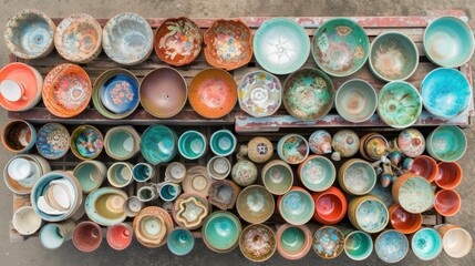 Poster - a bunch of bowls sitting on top of a wooden pallet next to a pile of other bowls on top of a wooden pallet.