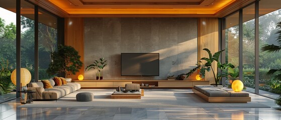 Wall Mural - The design of a minimal living room with a flat screen TV on a plain white wall. The living room includes furniture, a laminate cabinet and a white floor. 3D rendering of the design is shown.