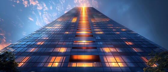 Poster - Business concept of future architecture. 3D rendered view of a high rise glass and steel window system on a blue clear sky background.