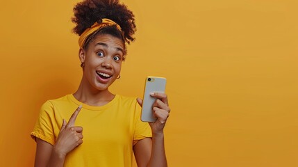 Poster - This is a great mobile offer. An excited woman points her finger at her smartphone and responds emotionally to the opening of a new application, an overjoyed millennial woman stands isolated over an