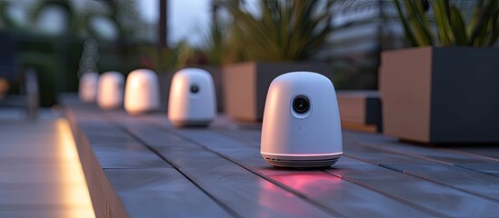 Poster - A row of white robots neatly arranged on top of a wooden table. The robots are sitting still, showcasing their sleek design and futuristic appearance.