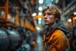 A young person lost in thought, facing large industrial machinery, creating a contrast between soft human emotions and hard industry
