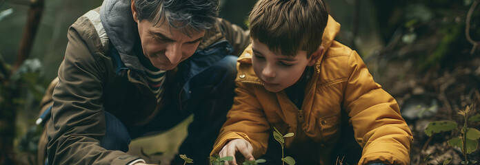 Caucasian father and son planting trees in the forest.