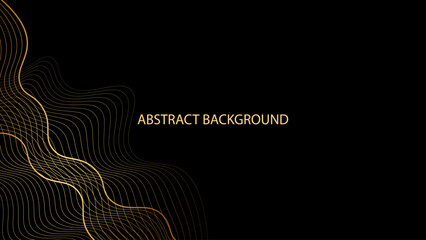 Black abstract background with gold wavy lines. Modern geometric pattern. Shiny poster or web banner template. Blended lines	