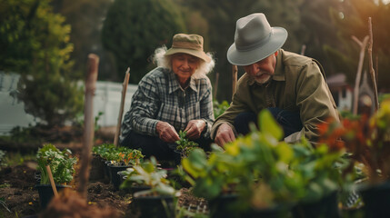 photo of Senior couple planting seedlings in their garden