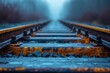 The perspective of a rarely used, rusty railroad track on a rainy day, leading into a hazy distance