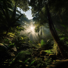 Canvas Print - Forest jungle landscape with sun rays