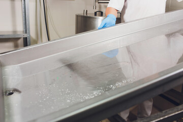 Traditional Cheese Making In A Small Company. Cheese Maker Hands Close-up Top View.