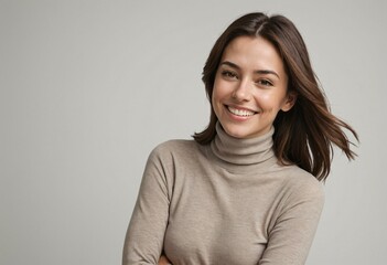 Woman with Joyful Smile in Turtleneck on Clean White Background