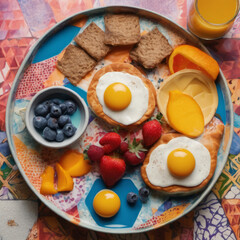 Wall Mural - Closeup photo of a nutritious breakfast on a colorful ceramic serving board. 