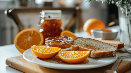 Wall Mural - breakfast with fresh orange, orange juice, toast and honey. healthy breakfast. orange juice. orange jam.