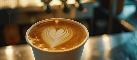 Sticker - A cup of coffee with a heart drawn on its surface. The heart shape stands out on the steaming drink, adding a touch of creativity to the beverage.