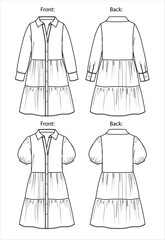 Wall Mural - Vector long sleeve mini dress fashion CAD, woman short sleeve shirt dress  with collar technical drawing, template, flat, sketch. Jersey or woven fabric mini dress with front, back view, white color