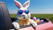 Cute Easter Bunny with sunglasses looking out of a car filed with easter eggs created with generative ai.