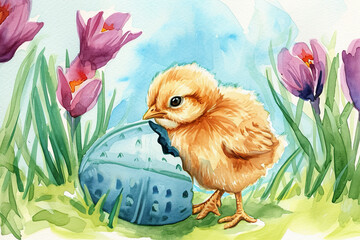 Wall Mural - A watercolor illustration of a chick hatching from an Easter egg, with a beautiful garden in the background