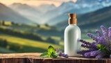Fototapeta  - Lavender Lotion bottle - blank bottle with natural ingredients for product mockup template. Lotion shampoo conditioner soap