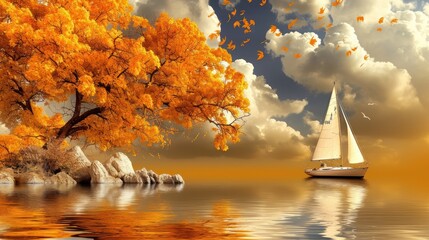 Wall Mural - a sailboat floating on top of a body of water near a tree with yellow leaves in the foreground.