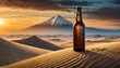 Glass beer bottle in the desert - beer bottle on the sand with no label (unlabeled) for product mockup template