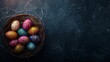 Easter decoration colorful eggs in wick basket on dark background with copy space. Beautiful colorful easter eggs. Happy Easter. 