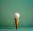 Golf ball on top an ice cream cone on a uniform green background. Playful juxtaposition background.