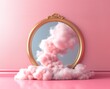 Immersive experience conceptual background. Circular frame with pink smoke entering