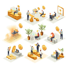 Finance growth illustration set. Characters analyzing investments, celebrating financial success and money growth. Money increasing concept. Vector illustration