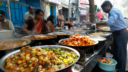 An overhead shot captures a diverse array of Indian dishes served at a bustling street food stall, with customers gathered around (4)