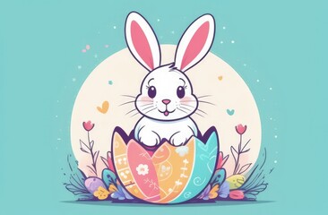 Wall Mural - Easter banner with cute Easter bunny hatching from pastel color Easter egg on pastel color background. Illustration of Easter rabbit sitting in cracked eggshell. Happy Easter greeting card.Copy space.