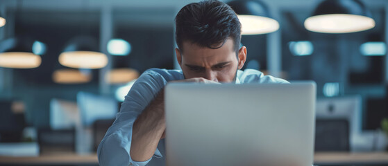 Wall Mural - Stressed office worker, man in formal clothes sitting at his desk looking into laptop, looking unhappy. Generative AI