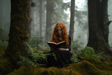 girl in the woods with long red hair reads a book