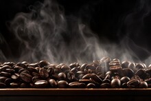 Roasted Coffee Beans With Smoke Rising Over Dark Background
