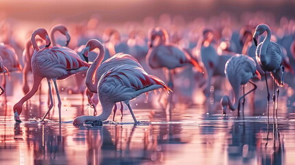 Wall Mural - a flock of flamingos are standing in the water at sunset