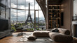 3D rendering of a luxurious room in the Eiffel Tower hotel with panoramic glass windows showcasing a stunning view of Paris below hyper realistic details