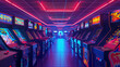 3D rendering of a classic 90s arcade room rows of game cabinets illuminated by neon lights focusing on the detailed textures of the machines and ambient lighting