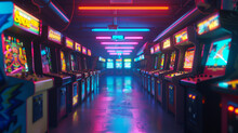 3D Rendering Of A Classic 90s Arcade Room Rows Of Game Cabinets Illuminated By Neon Lights Focusing On The Detailed Textures Of The Machines And Ambient Lighting