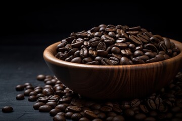 Wall Mural - Coffee beans in bamboo bowl black background