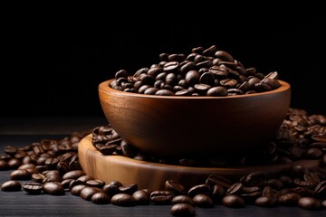 Wall Mural - Coffee beans in bamboo bowl black background