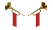 © Artem - Two golden fanfare with red flags isolated on transparent and white background. Music concept. 3D render