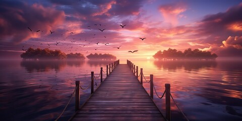  AI Generated. AI Generative. Sunset outdoor nature landscape background with pier at lake with birds. Calm relaxing peace vibe. Graphic Art