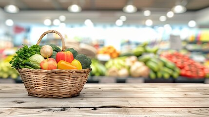 A rustic wicker basket overflows with a colorful selection of fresh fruits and vegetables, set against the backdrop of a grocery store. It symbolizes abundance and health-conscious shopping.