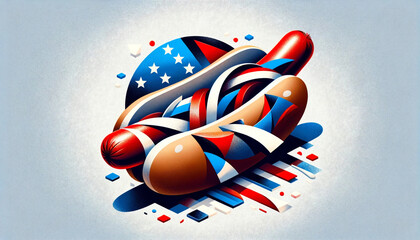 Wall Mural - Hot dog with red, white, and blue attributes. White background with patriotic color palette. 