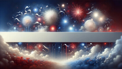 Wall Mural - Dark blue background with red, white, and blue fireworks and white ribbons in the sky. White area / banner in center for text. Red, white, and blue clouds or smoke at the bottom. 