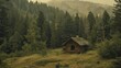 An aged cabin in the wild, harmonizing eco-friendliness with nature's allure, its backdrop a lush blur of greenery.