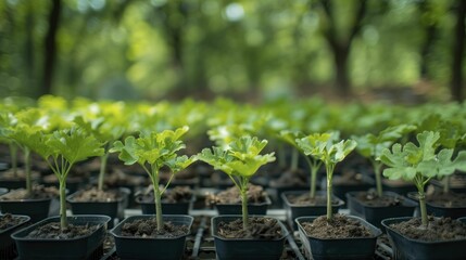 Poster - Oak saplings symbolize hope for the future in a nurturing nursery against a blurred garden backdrop.